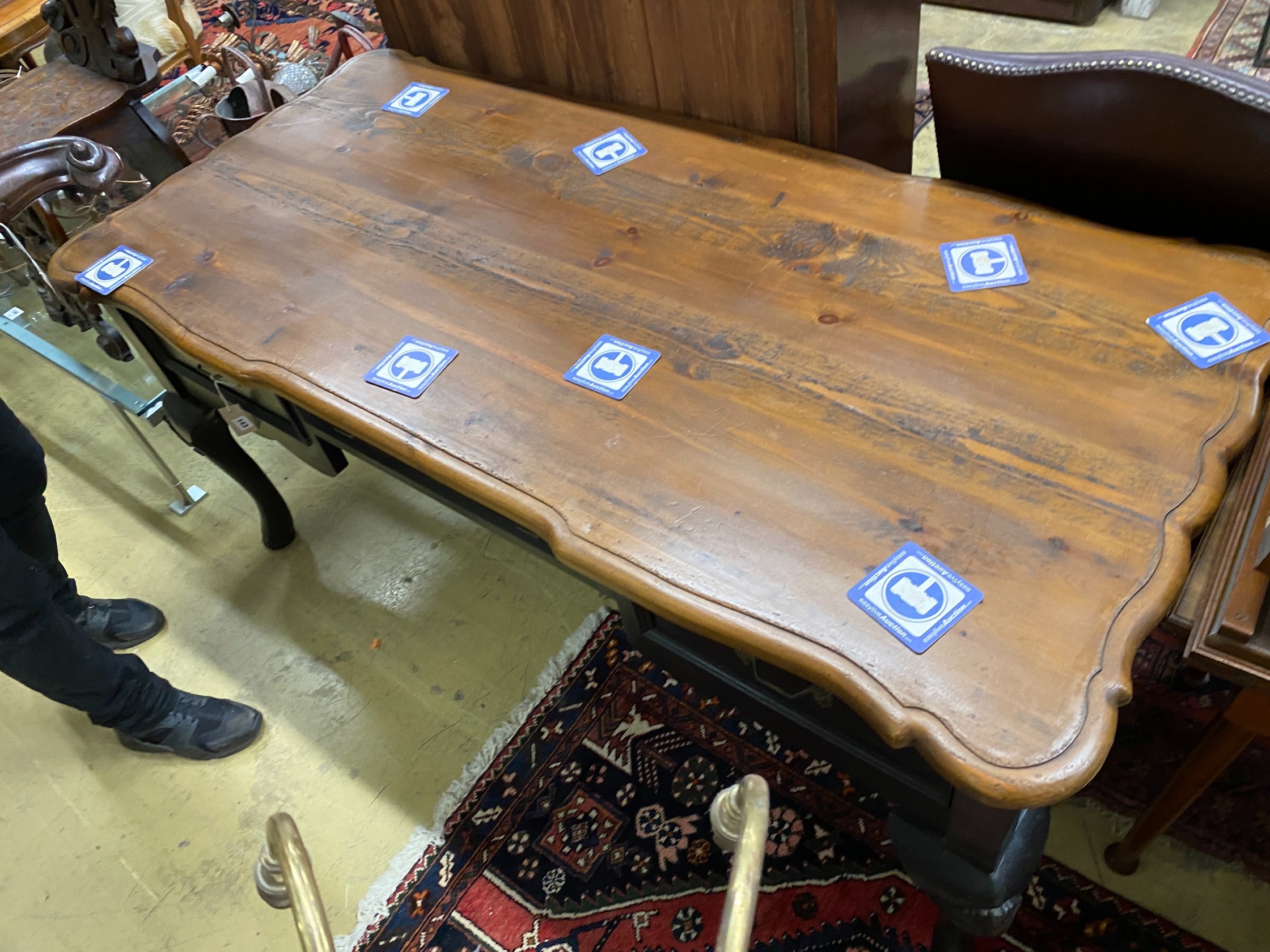 An 18th century style French provincial part painted pine kneehole writing table, width 170cm, depth 80cm, height 79cm